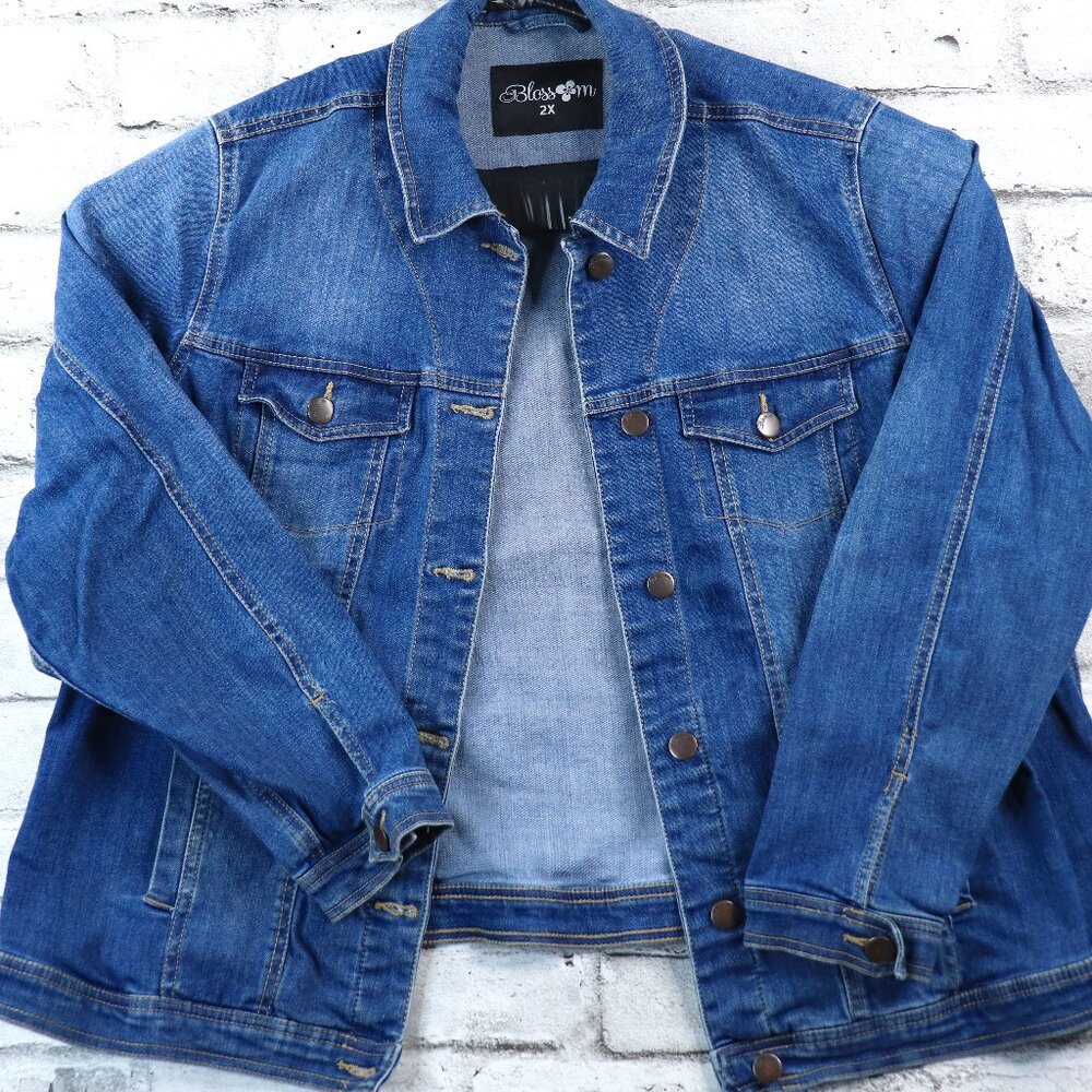 Blossom Women's Jean Denim Jacket Casual Button Down Stretch Stone Wash Size 2X